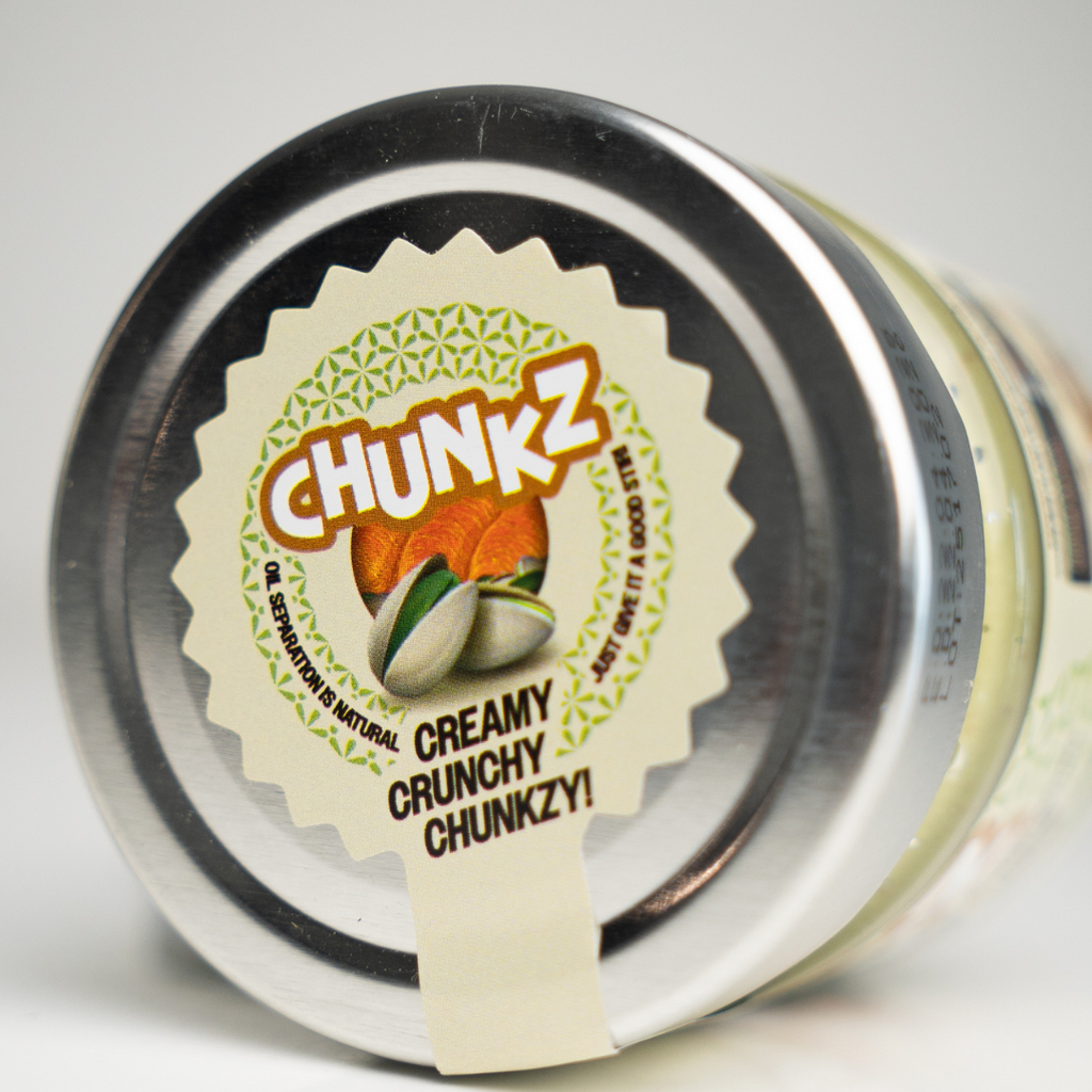 The lid Jar of Chunkz creamy crunchy chunkzy on a white background
