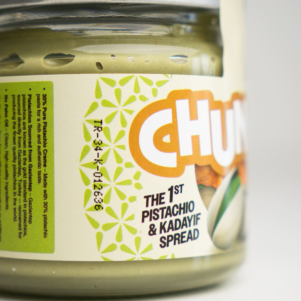 Jar of Chunkz pistachio and kadayif spread with label showing brand name and product description. The 1st Pistachio & Kadayif spread