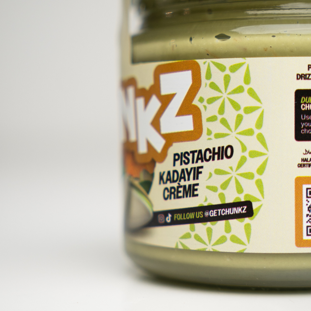 Jar of Chunkz Pistachio Kadayif Creme with a label on a white background