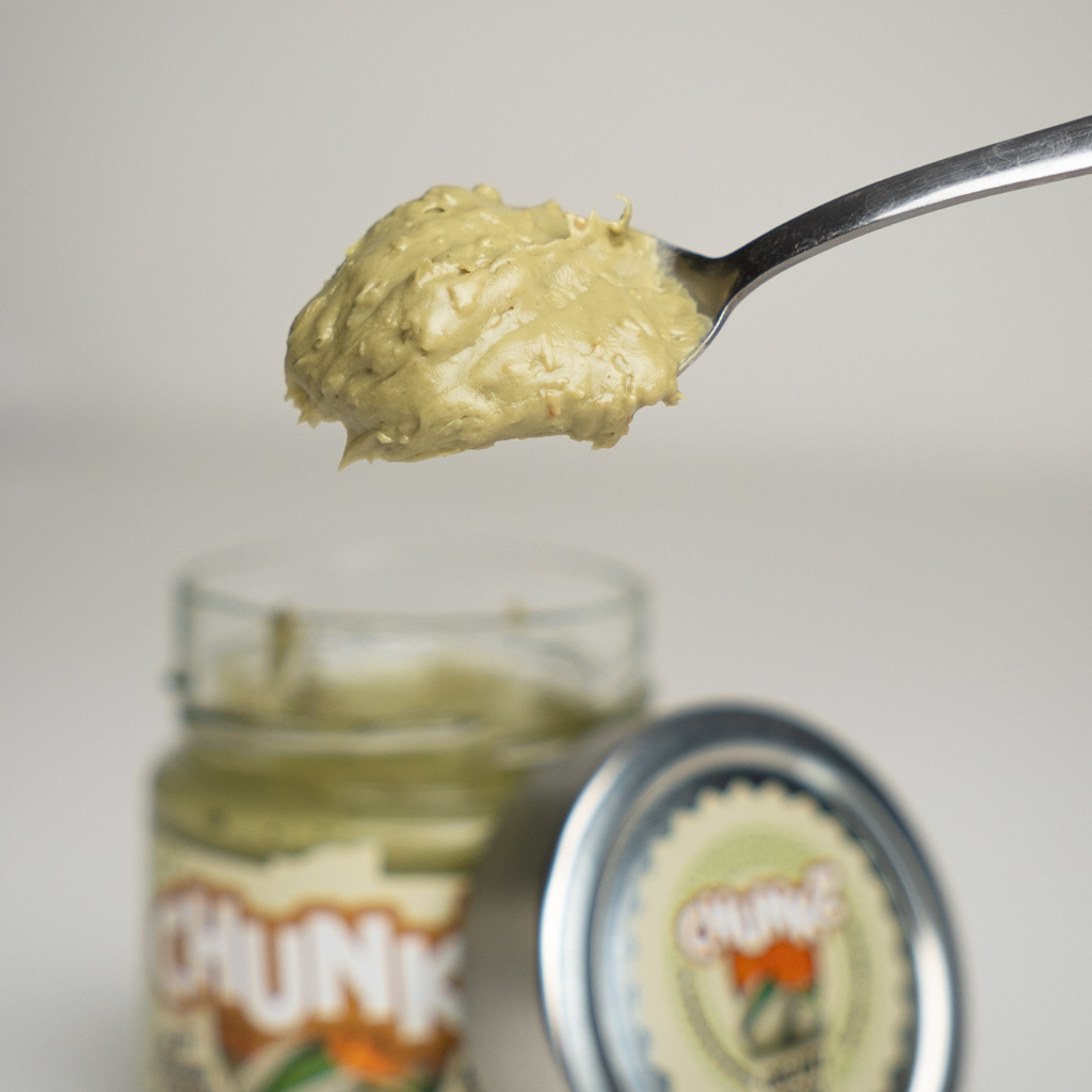 Spoonful of green spread above a jar labeled Chunkz