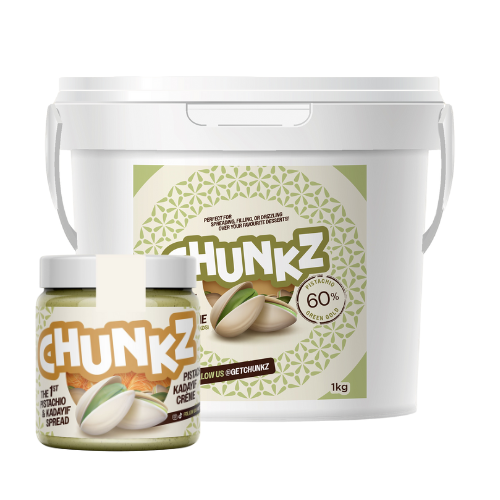 Chunkz Pistachio Crème product range – 220g retail jar and 1kg foodservice tub featuring pistachio and kadayif spread made with 60% pistachio paste