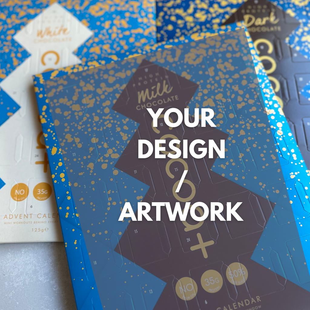 Custom designed advent chocolate calendar with premium Swiss milk chocolate. Add your own branding or artwork for seasonal gifting or promotional campaigns