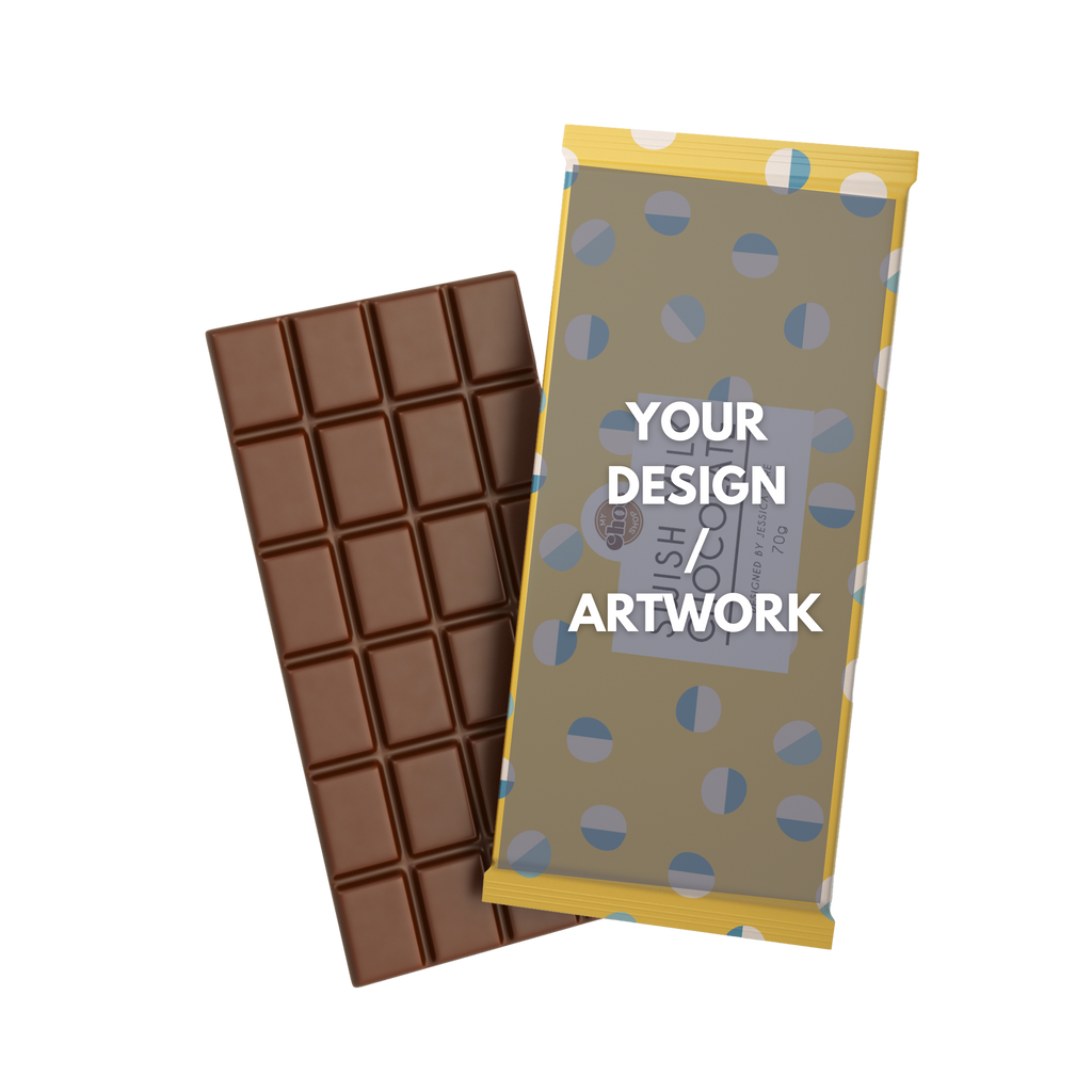Create your own custom chocolate bar wrapper design for 70g premium Swiss chocolate bars. Ideal for brands, events, and creative collaborations
