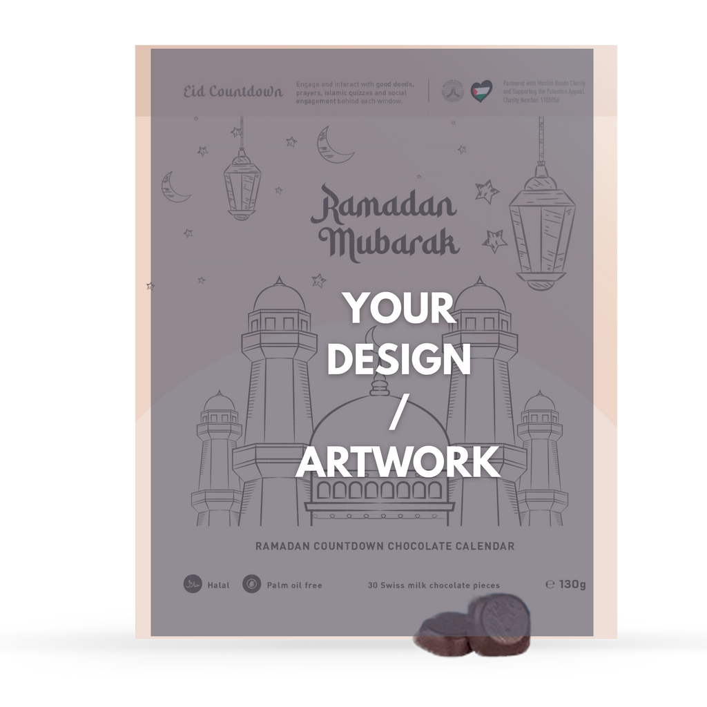 Personalised Ramadan countdown chocolate calendar with space for your design. Includes 30 halal, palm-oil-free Swiss milk chocolates